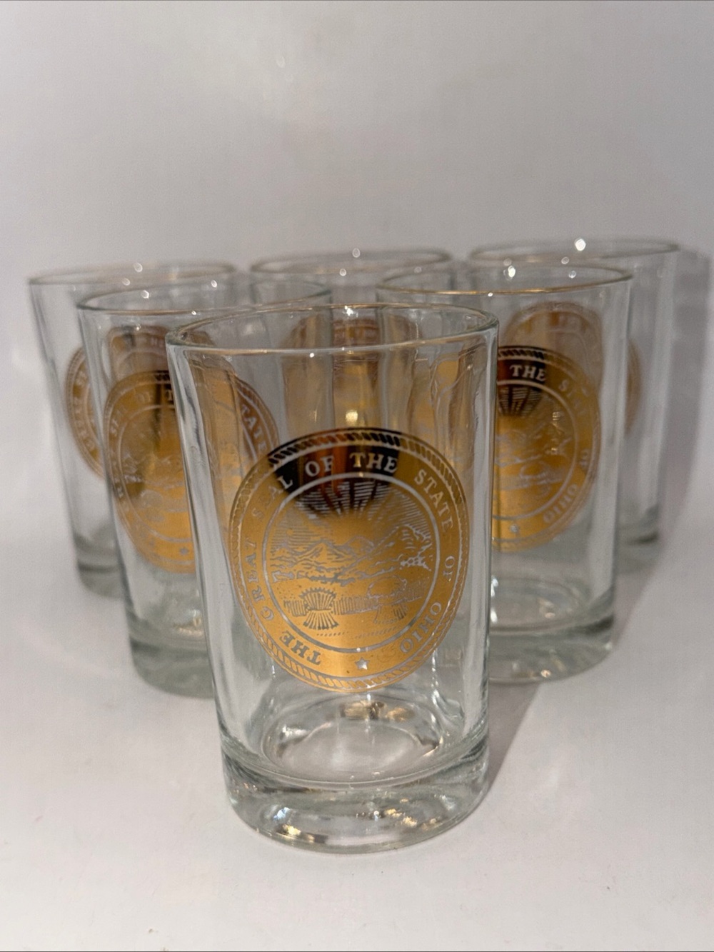 Six 6 Juice glasses Seal Of The State Of Ohio 6 oz Chillicothe Sunrise Vintage